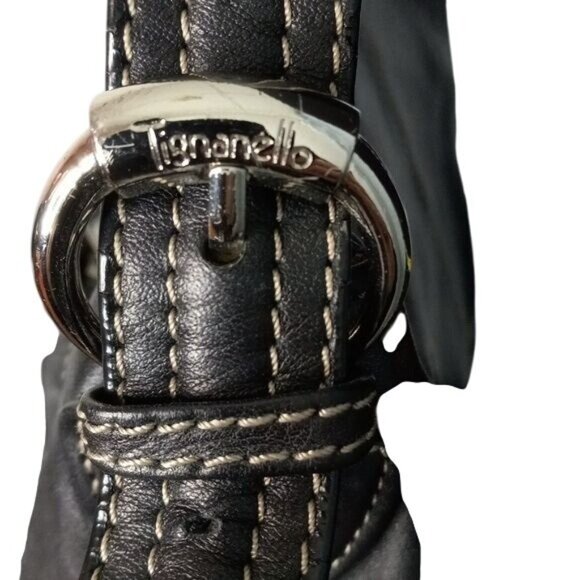 Tignanello Shoulder Hobo Bag Black Leather Chain Print Lining Adjustable Strap - Picture 2 of 13